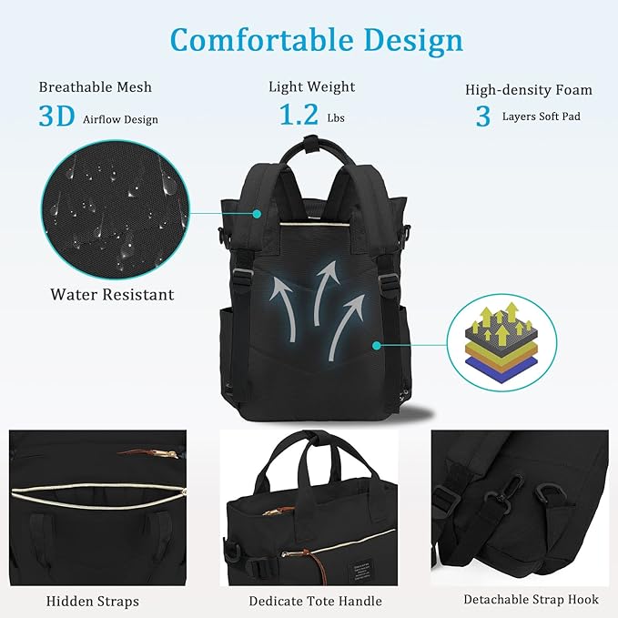 BASICPOWER Backpack Purse for Women Tote Bag Travel Laptop Bookbag Work Nurse Teacher Bag 15.6-in Computer Black