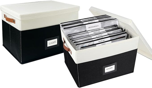 Board Game Storage, Board Game Organizer with 12pcs Zipper Bags and Writable Stickers, Board Game Organizers Storage with Lid for Office Supplies,Puzzles,Video Game,Craft Product (Black, 2-Pack Large)