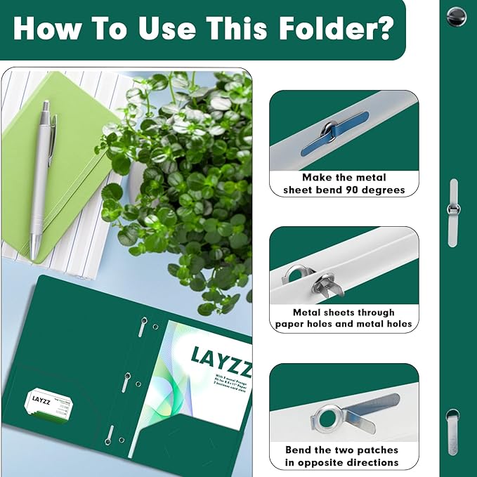 Plastic 2 Pocket Folders with Prongs, 30 Pack, Heavyweight, Letter Size Poly Folders with 3 Metal Prongs Fastener Clips (Green)