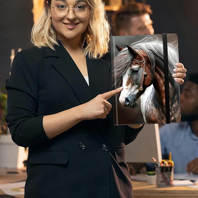 Horse PU Leather Padfolio Clipboard Notepad with Pen Loop and Elastic Strap Interview/Resume Document Organizer for Business School Office