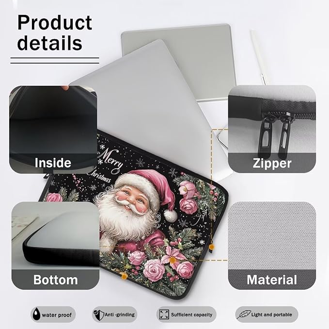 Christmas Laptop Sleeve for Women 12 inch Laptop Protector with Versatile Uses Computer Sleeve Neoprene Lap Top Case for Daily Use School Travel Tablet Bag Santa Claus