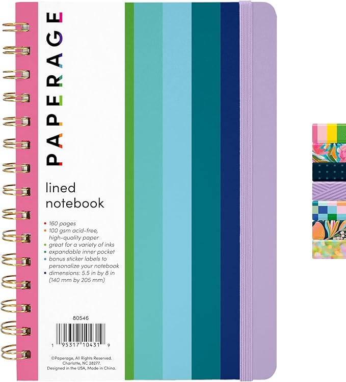 PAPERAGE Lined Spiral Journal Notebook, (Rainbow Stripe), 160 Pages, Medium 5.5 inches x 8 inches - 100 GSM Thick Paper, Hardcover, Double-Wire Spiral Journal & Notebook