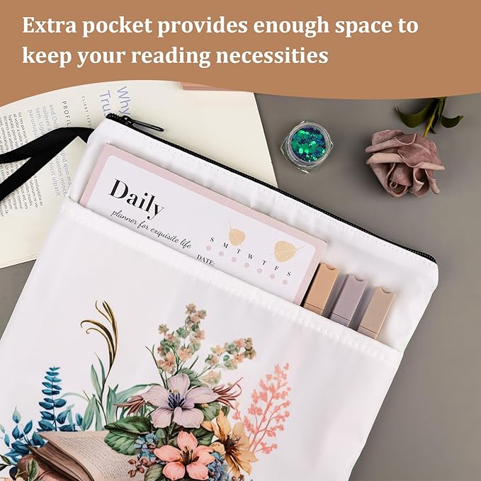 Book Sleeve Pouch Waterproof Book Sleeves with Zipper and Front Pocket,Book Covers for Paperback,Floral Print Book Protector Bag with Handle for Book Lovers Bibliophile Gifts(11.8 * 9.4inch)