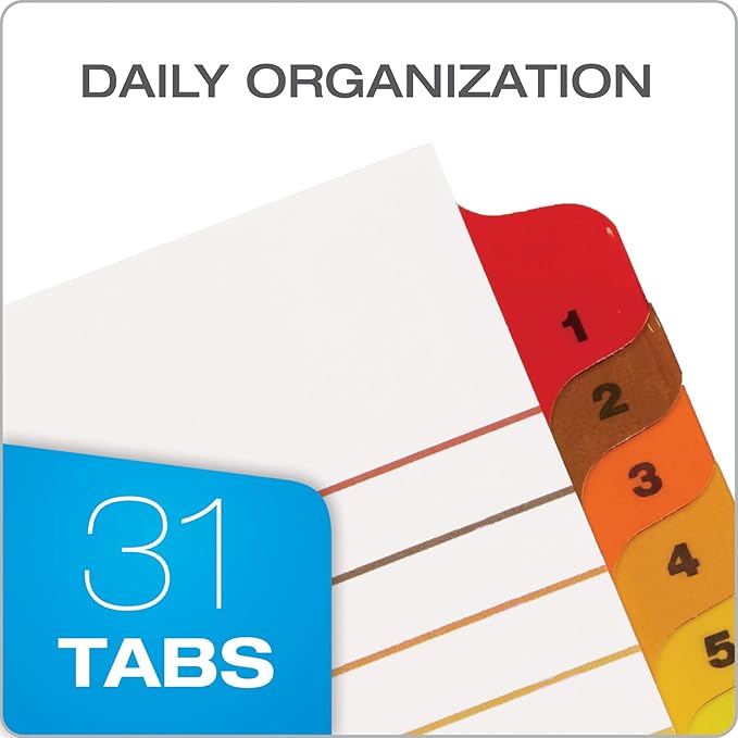 Oxford OneStep Binder Dividers, Dividers for 3 Ring Binder,Durable 31 Tab Daily Divider Sets, Numbered 1–31, Customizable Table of Contents, Reversible Multicolor Tabs, 3 Sets (89402)