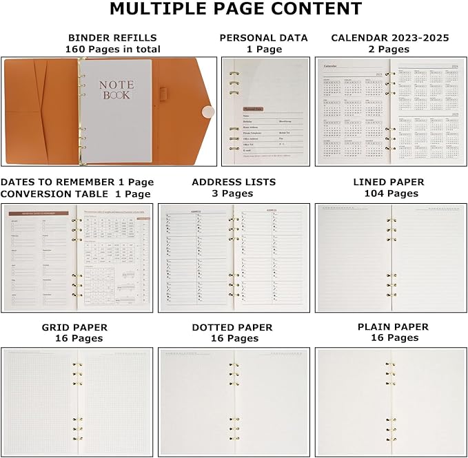 HXRTANGS PU Leather Notebook Binder Set A5, Refillable Writing Journal Planner Organizer with Paper Refills, Index Flags, Subject Dividers, Budget Stickers, Zipper Pocket and Bookmark Ruler, Orange