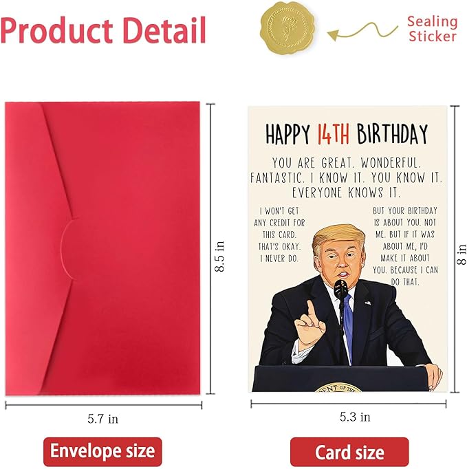 Funny Trump 14th Birthday Card for Boy Girls, Best 14 Year Old Birthday Gift for Son Daughter, Unique Birthday Decorations for Grandson Granddaughter, Coolest Trump Birthday Card for Him Her