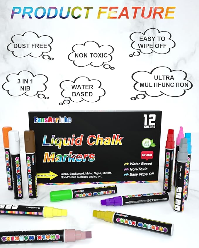 FansArriche Liquid Chalk Markers, 12 colors 10mm Erasable Marker Pens, Washable Window Markers For Glass, Blackboard, Bistro Menu, Car Windows, Mirrors, Labels, 3 In 1 large nib