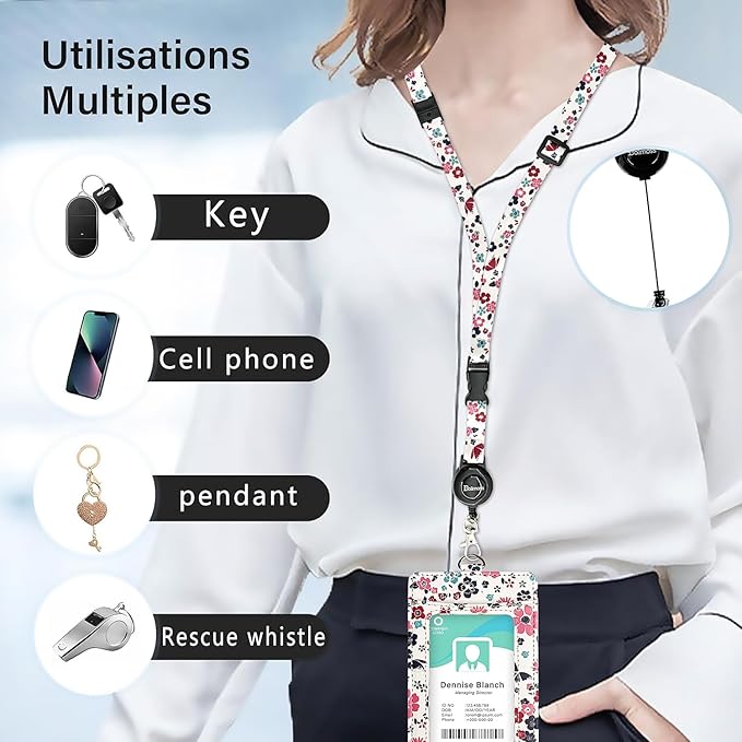bolimoss ID Badge Holder with Adjustable Lanyard and Retractable Reel, Cute Flower Leather Card Name Tag Lanyard Vertical ID Protector Bage Clips for Nurse Doctor Teacher Student