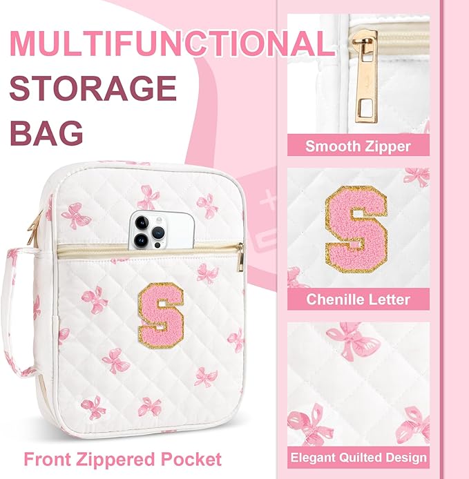 Personalized Initial Bible Cover Case for Women Girls Kid - Large Quilted Bible Case with Handle, Stylish Chenille Letter Bag Study Supplies, Perfect Christmas Gifts for Christians Women (Pink Bow-S)