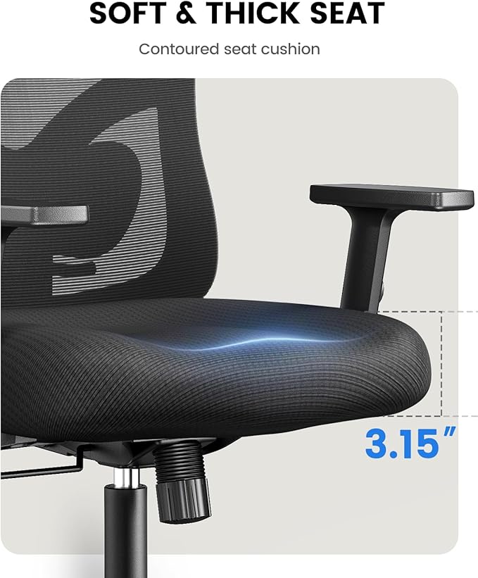 NOBLEWELL Ergonomic Office Chair with Padded Lumbar Support, 2D Headrest, Adjustable Armrests, Upgraded Contoured Seat Cushion, 130° Rocking Tilt, Computer Chair for Home Office, NWOC1-1