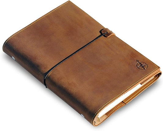 WANDERINGS Refillable A5 Leather Binder Journal - 8.5x6-6 Ring Binder Organizer with Pockets - Hand-Crafted Genuine Leather Folio - Filofax Compatible. 52 Weeks with Notes Section