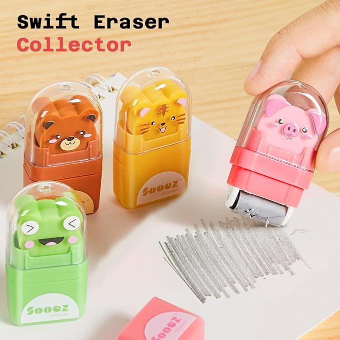 Sooez 8 Pack Pencil Erasers with Clean up Roller, Cute Erasers for Kids, Animal Fun Eraser with Shaving Roller and Cover, for Teacher Class Favor School Supplies Home Office Party