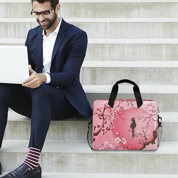 Japanese Cherry Blossom Sakura Tree With Bird Laptop Messenger Bag Case Sleeve Crossbody Briefcase for Men Women with Shoulder Strap Handle 13 14 15.6 inch
