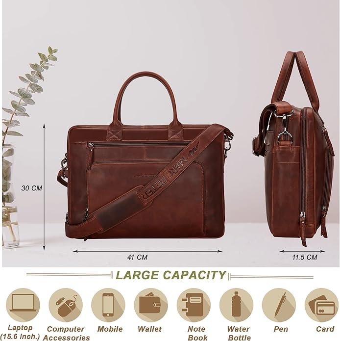 Marc Peter Hamilton Real Leather Business Bag for Men and Women | 15.6 inch Laptop Bag | Shoulder Bag for Men