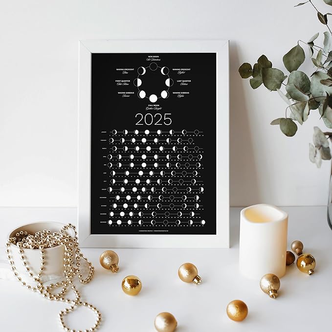 2025 Moon Phase Calendar (SHIPS FLAT) - Hangable Dark Lunar Wall Poster - Great as a Unique Gift, Moon Tracking, Wall Décor & Art, Astrology Decorations - A Celestial Calendar - by Thankful Greetings