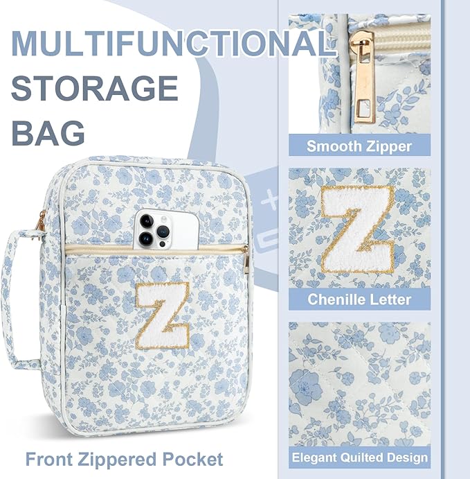 Personalized Initial Bible Cover Case for Women Girls Kid - Large Quilted Bible Case with Handle, Stylish Chenille Letter Bag Study Supplies, Perfect Christmas Gifts for Christians (Blue Flower-Z)