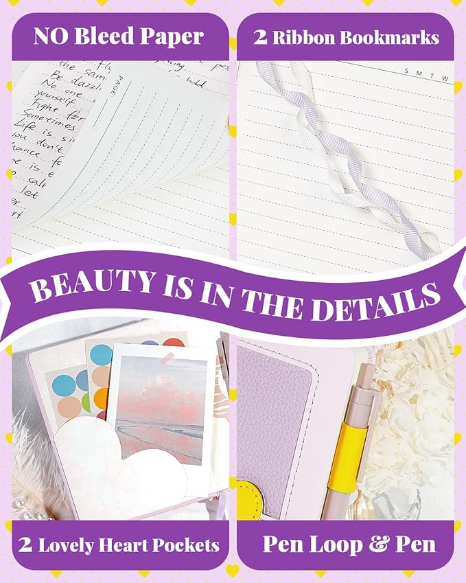 Journal for Women and Girls with Heart Buckle, 240 Pages Girls Diary Journal with Pen for Writing, Cute Daily Writing Journals for Women, Pretty Journaling Hardcover Notebooks(Lavender Purple)