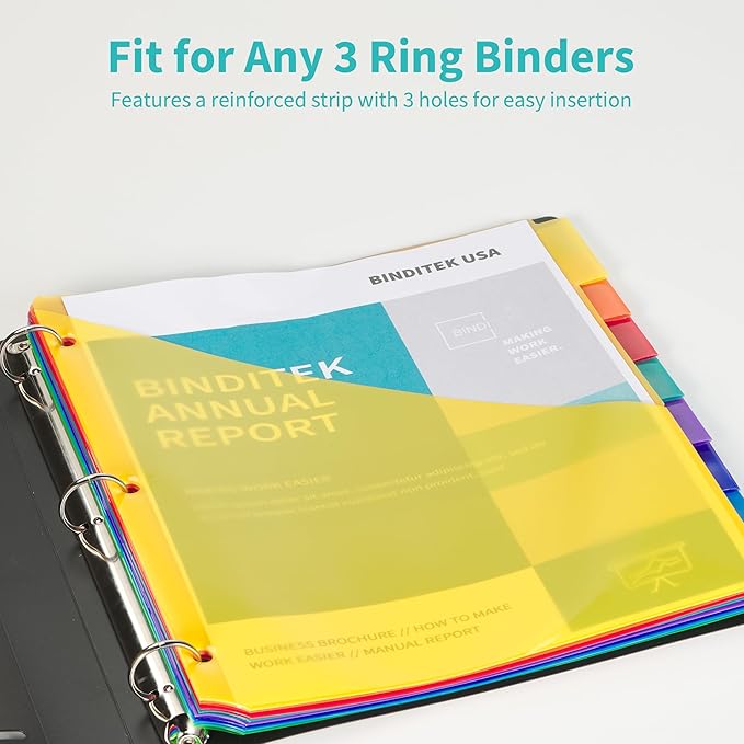 Binditek 48 Pack Plastic 8-Tab Binder Dividers with 2 Pockets, Tab Insertable Poly Pocket Dividers for 3 Ring Binders, Letter Size, Multicolor, Writable Label Cards, for Students and Coworkers, 6 Set