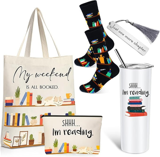 Silkfly 5 Pcs Book Lovers Gifts Set, Gifts for Book Lovers, Includes 20 oz Tumbler Socks Bookmark Tote Bag and Cosmetic Bag
