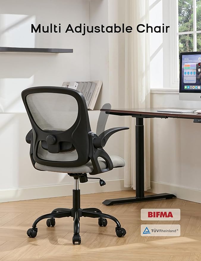 Mesh Office Chair Ergonomic Desk Chair with Up&Down Front&Rear 2 Dimensions Adjustable Lumbar Support and Flip-up Arm Rocking Comfy Swivel Computer Task Chair for Home Office(Black-Gray)