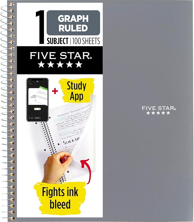 Five Star Spiral Notebook + Study App, 1 Subject, Graph Ruled Paper, Fights Ink Bleed, Water Resistant Cover, 8-1/2" x 11", 100 Sheets, Gray (620000AA3)