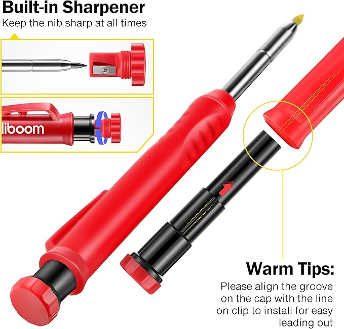 Hiboom 3 Pack Solid Carpenter Pencil with 21 Refill, Long Nosed Deep Hole Mechanical Pencil Marker with Built in Sharpener for Carpenter, Design Patent