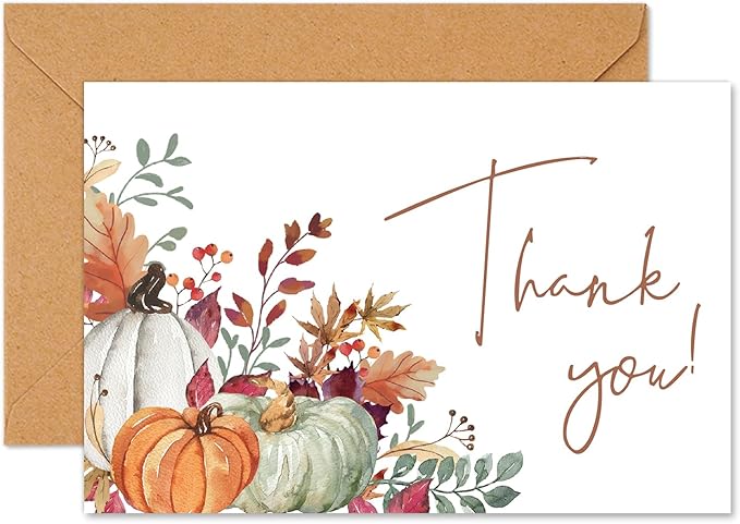 Whaline 50 Pack Fall Thank You Cards Bulk Boxed Watercolor Autumn Leaves Pumpkin Thank You Note Cards with Kraft Envelopes Sticker Thanksgiving Blank Greeting Cards for Wedding Baby Shower