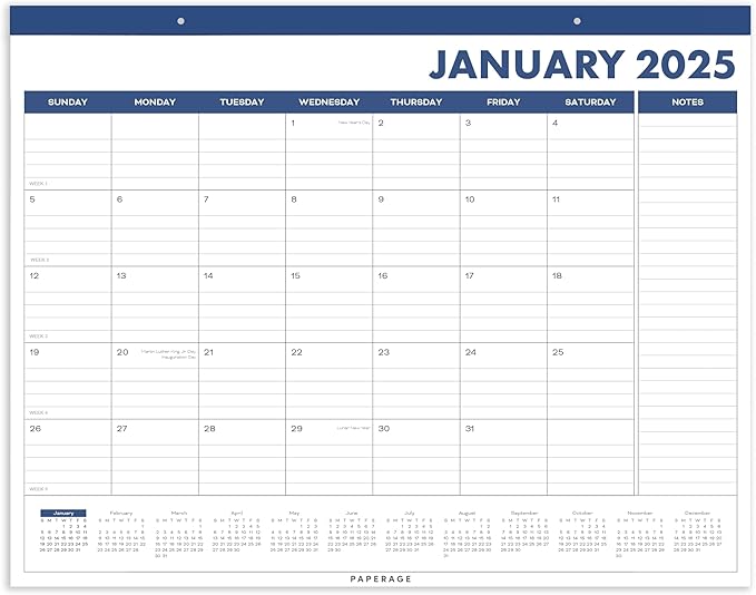 PAPERAGE Calendar 2025-12 Month (Navy), Minimalist Wall and Desk Calendar with Monthly Views and Yearly Plans – Large (17 in x 22 in)