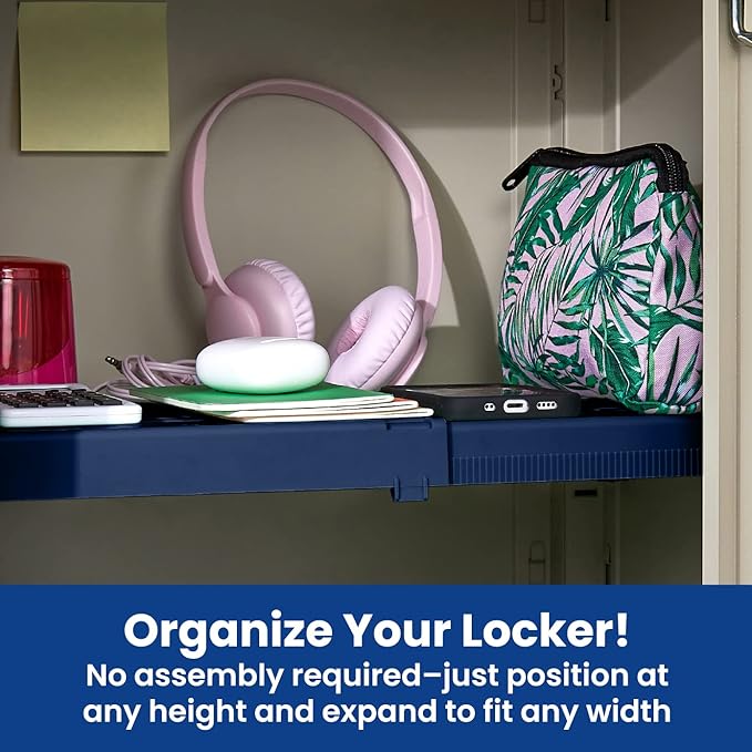 LockerMate Adjust-A-Shelf Locker Shelf, Extends to Fit Your Locker, Easy to Use, Perfect for School, Office, Gym, Blue