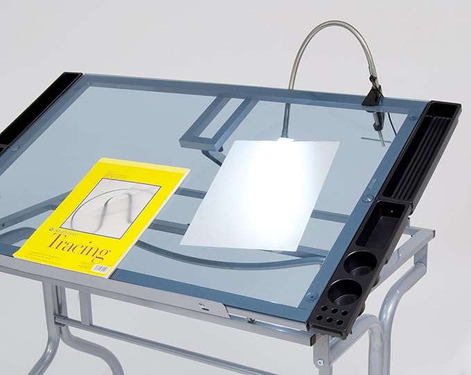 Studio Designs Folding Modern Glass Top Adjustable Drafting Table Craft Table Drawing Desk Hobby Table Writing Desk Studio Desk, 35.25" W x 23.75" D, Silver / Blue Glass