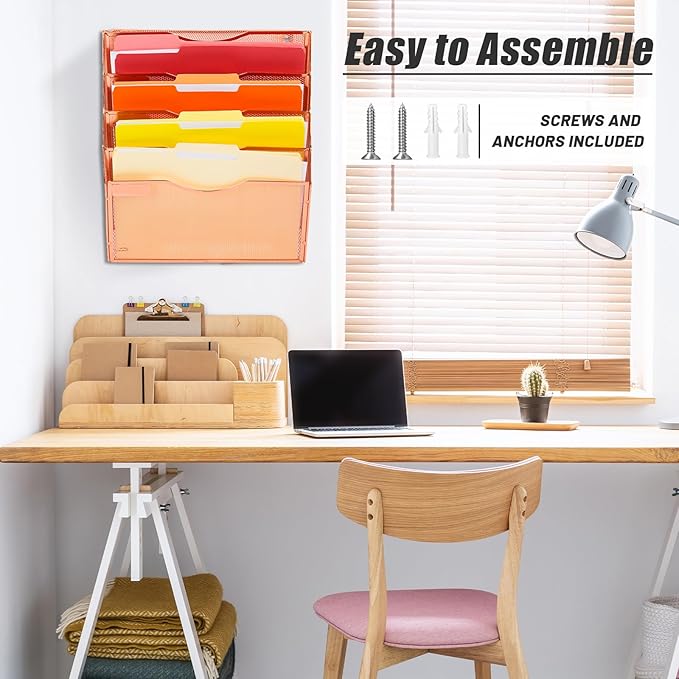 EASEPRES 5 Pocket Mesh Hanging Wall File Organizer, Wall Mounted Mail Paper Document Folder Holder, Clipboard Storage Organization Magazine Rack with Nametag Label for Office Home School, Rose Gold
