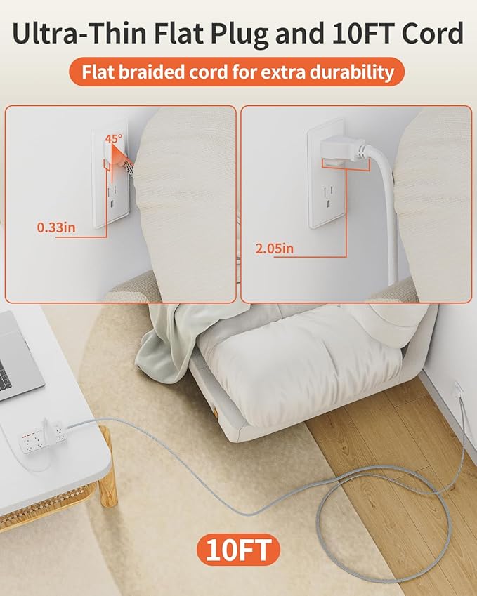 Power Strips with Surge Protection, 10 FT Braided Extension Cord with Multiple Outlets-8 AC Outlets 4 USB Ports (2 USB C), 1700 Joule Surge Protector with Flag Plug for Home Office, White