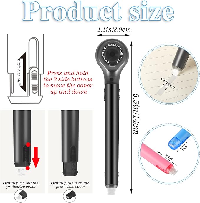 BESARME 6 Pieces White Out Correction Tape Pen, Push Pull Protective, Easy to Use Applicator for Instant School Office Supplies, 1/5 X 236 Inch