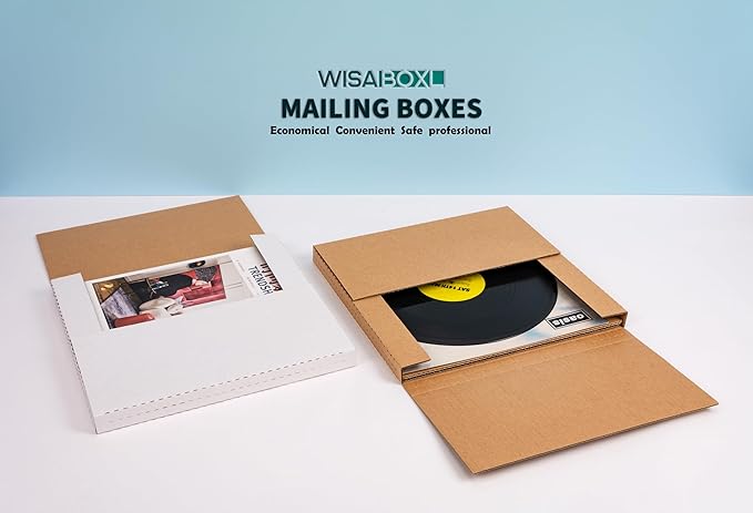 White Vinyl Record Mailers 12.8x12.8x1 Inch LP Mailing Corrugated Cardboard Boxes, Easy-Fold, Multi-Depth Album Shipping Boxes with Fragile Stickers, 50-Pack