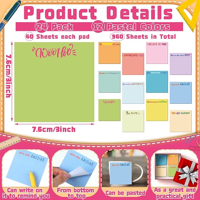 Yinder 24 Pcs Inspirational Sticky Notes with Lines Cute Motivational Sticky Notes Pad Employee Appreciation Gifts Bulk for Teacher Nurse Coworkers Office Supplies 3 x 3''(Elegant Color,Thank You)