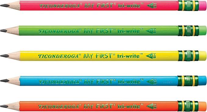 Ticonderoga My First Tri-Write Wood-Cased Pencils, Pre-Sharpened, 2 HB, With Erasers, Neon Colors, 12 Count