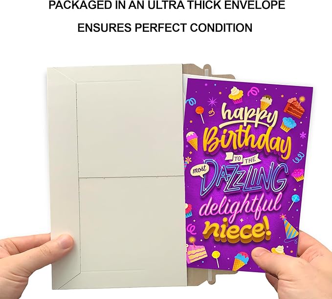 Prime Greetings Niece Happy Birthday Card, Made in America, Eco-Friendly, Thick Card Stock with Premium Envelope 5in x 7.75in, Packaged in Protective Mailer