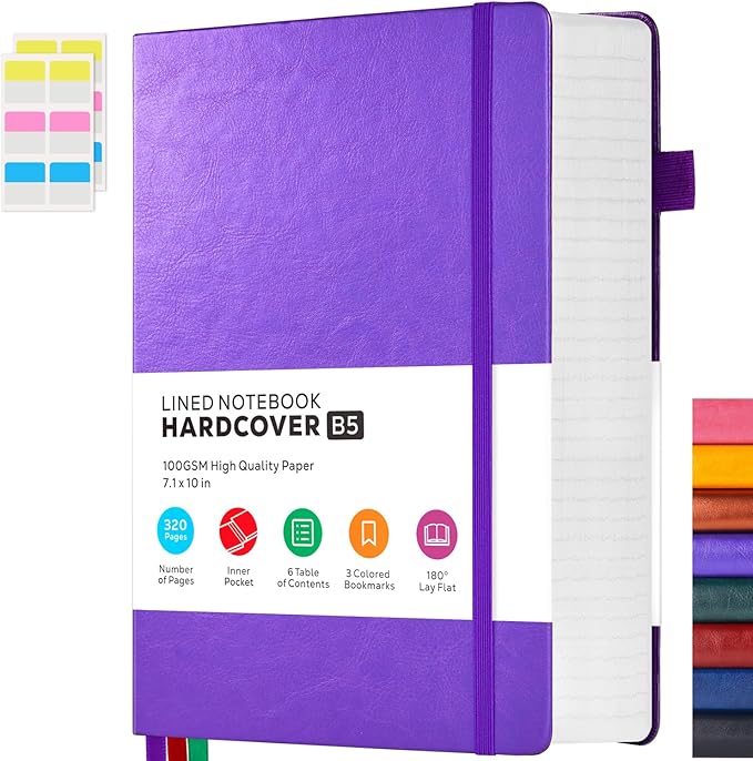 Lined Journal Notebook, 320 pages B5 College Ruled Notebook Journal for Writing Women and Men, Hardcover Leather Journal Notebook for School Office Work, 7.1'' X 10'', Pearlescent Purple Notebook