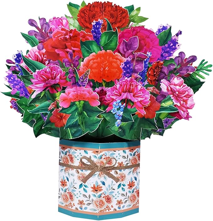 Carnation Bouquet Pop Up Card, Flower 3D Greeting Card with Envelope for Any Occasion, Birthday, Mother's Day, Anniversary, Valentines Day, Foldable Flower Cards for Mother or Loved Ones