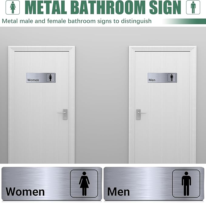Brushed Aluminum Restroom Signs, Men and Women Modern Restroom Sign, 9 x 3 Inch Bathroom Door Signage Decor for Offices Business Restaurants (4 Pcs)