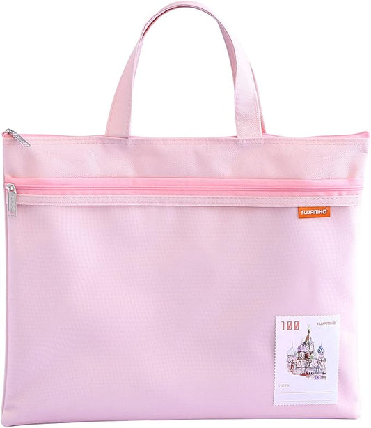 pendancy Mesh Zipper Pouch 11x13.7 in, Large Double Pocket Waterproof File Bag with Handle, A4 Size Foldable Document Storage for Puzzle Project/Cross Stitch/Travel/Office（Pink）