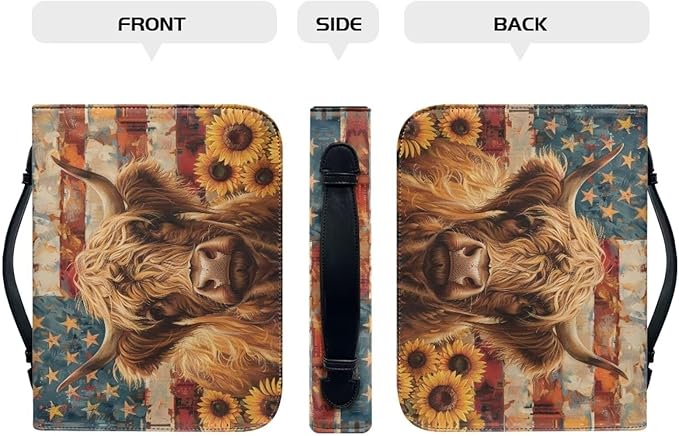 Lotusorchid American Flag Highland Sunflower Bible Covers for Women Waterproof Bible Bag Leather Men Bible Carrying Case Church Bag Bible Protective with Handle and Zippered Pocket