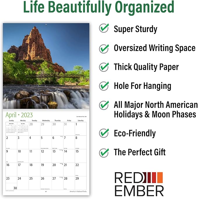 RED EMBER America's National Parks 2023 Hangable Monthly Wall Calendar | 12" x 24" Open | Thick & Sturdy Paper | Giftable | America's Beautiful Parks