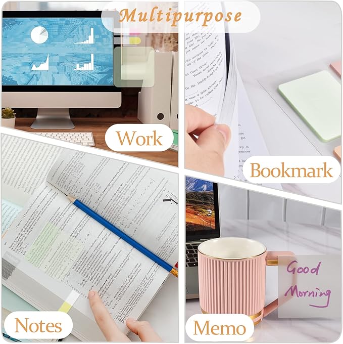 BAYTORY 700 Sheets Pastel Transparent Sticky Notes, Clear Waterproof 3 x 3 inch See Through Memo Pad, Self-Adhesive Translucent Writable Index Tabs for Annotating Books, Study Stationary Supplies