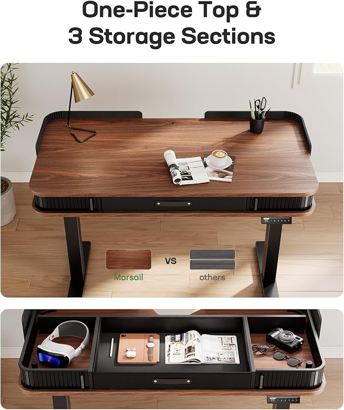 Marsail Electric Standing Desk Whole-Piece Desktop 48 x 24 Inches Height Adjustable Desk with 3 Drawers Home Office Table with 3 Memory Preset