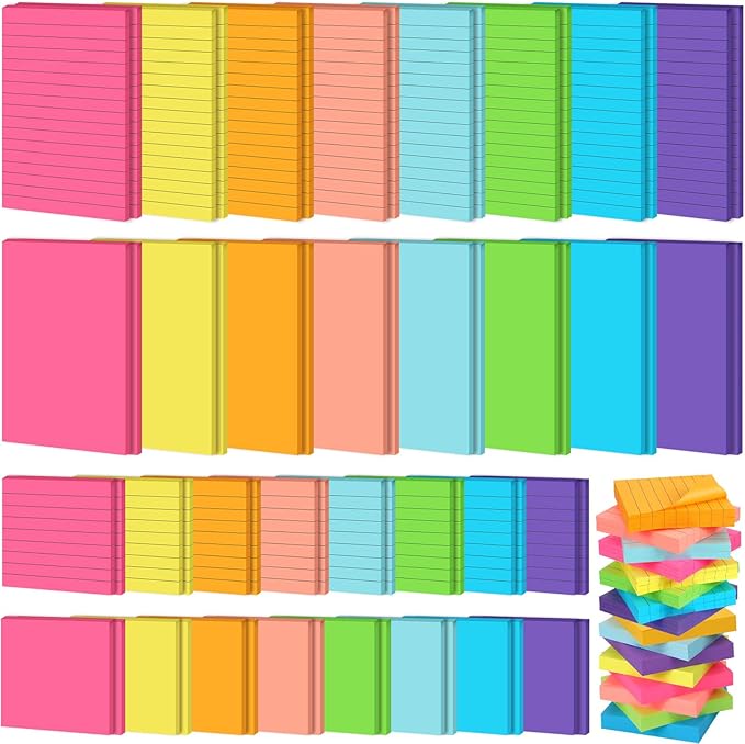 Yexiya 64 Pcs Lined Sticky Notes Self Stick Notes with Lines Bright Assorted Colors Sticky Notes for Home Office Products Post Memos, 1920 Sheets(4 x 6 Inch, 3 x 3 Inch,Multi Color)