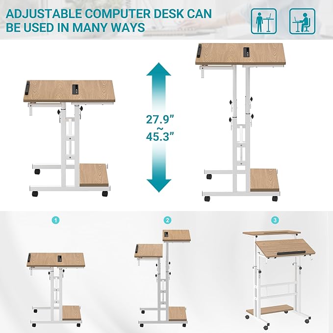 Klvied Mobile Standing Desk with Storage Bottom Shelf, Portable Stand Up Desk with Cup Holder, Adjustable Height Small Standing Desk, Rolling Desk with Wheels, Home Office Laptop Cart, Khaki