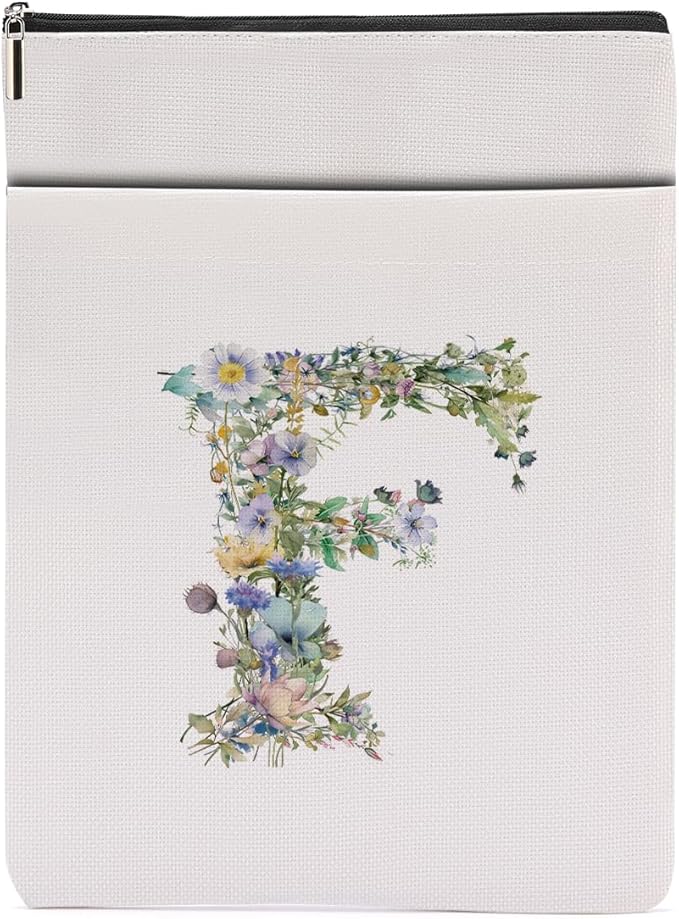 Monogrammed Book Sleeve Floral F Initial Book Pouch Book Accessories Book Lovers Gifts Waterproof Book Cover Book Protector Bookish Gifts Personalized Gifts for Women Girls Readers Bride Boss Lady