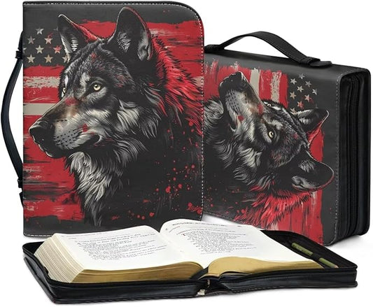 Lotusorchid American Flag Wolf Bible Bags, Faux Leather Bible Covers with Handle Pockets for Women, Portable Sturdy Bible Bag for Men, Christian Bible Study Accessories, Black and Red, L