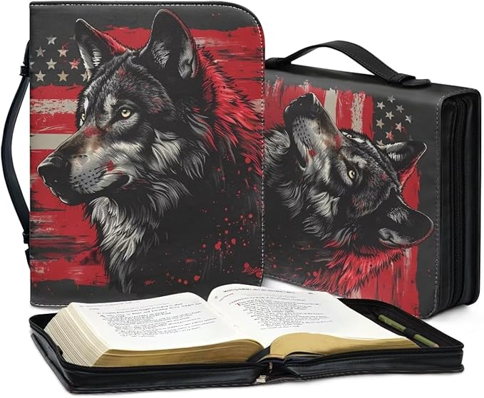 Lotusorchid American Flag Wolf Bible Bags, Faux Leather Bible Covers with Handle Pockets for Women, Portable Sturdy Bible Bag for Men, Christian Bible Study Accessories, Black and Red, M